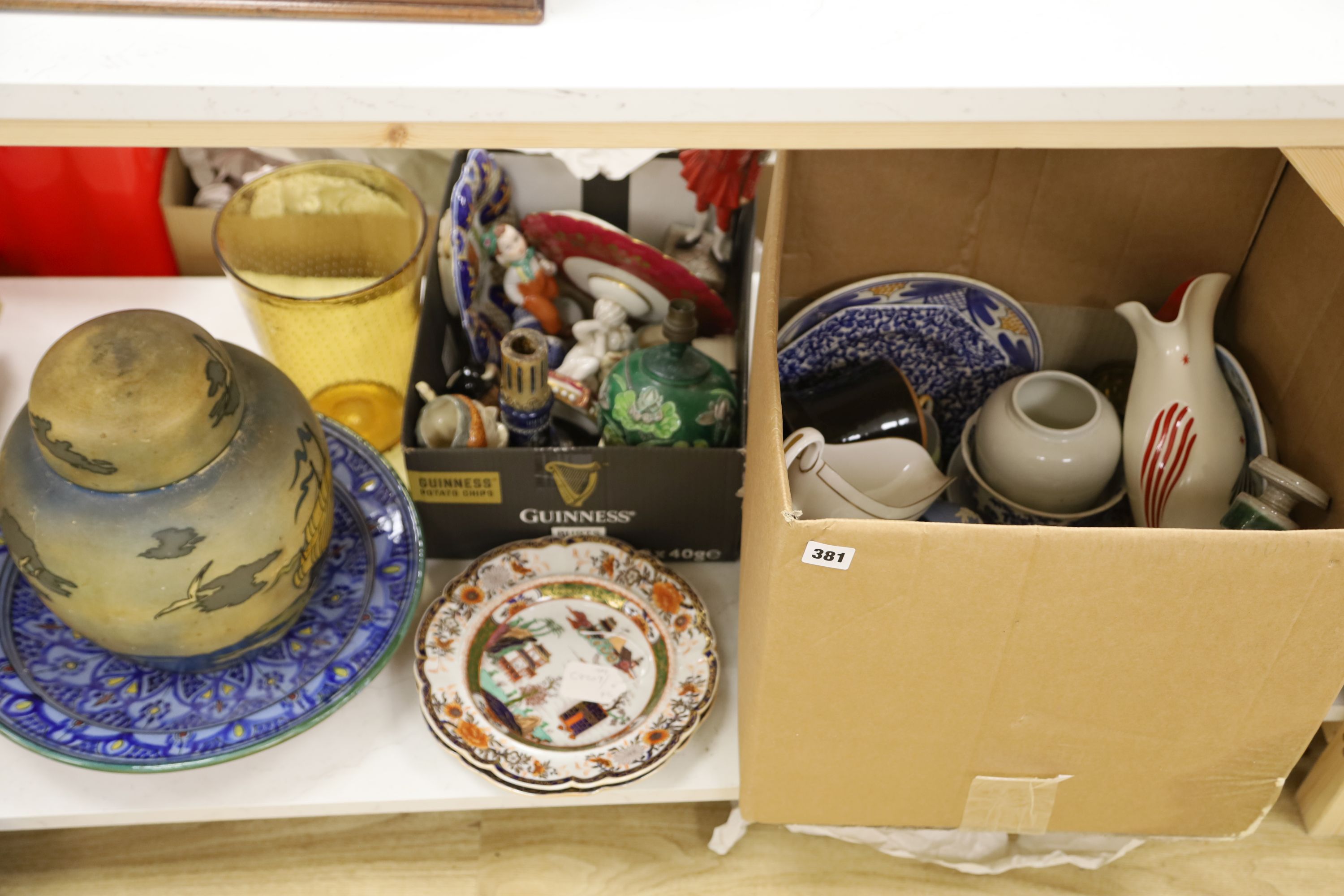 A Sitzendorf figure, Doulton character jugs, mixed ceramics and teaware